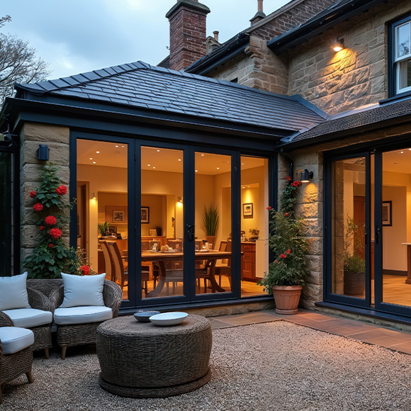 family enjoying time together by a glass door smiling with a young child in casual home setting three memorable moments