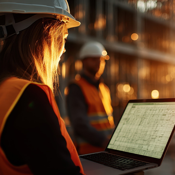 woman in safety gear using laptop at construction site with sunlight and another worker in background highlighting 3D design planning