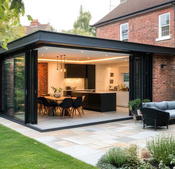 happy family enjoying time together behind glass with garden flowers at home two parents child